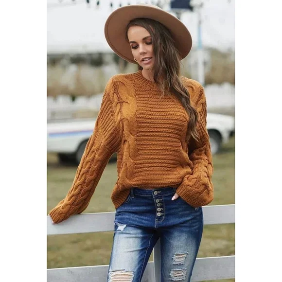 Chic Brown Cable Knit Sweater With Batwing Sleeves - Picture 1 of 5